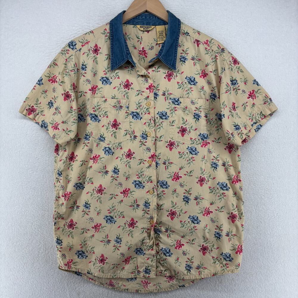 NORTHWEST BLUE Shirt Womens M Floral Denim Trim Button Up Cotton Beige VTG